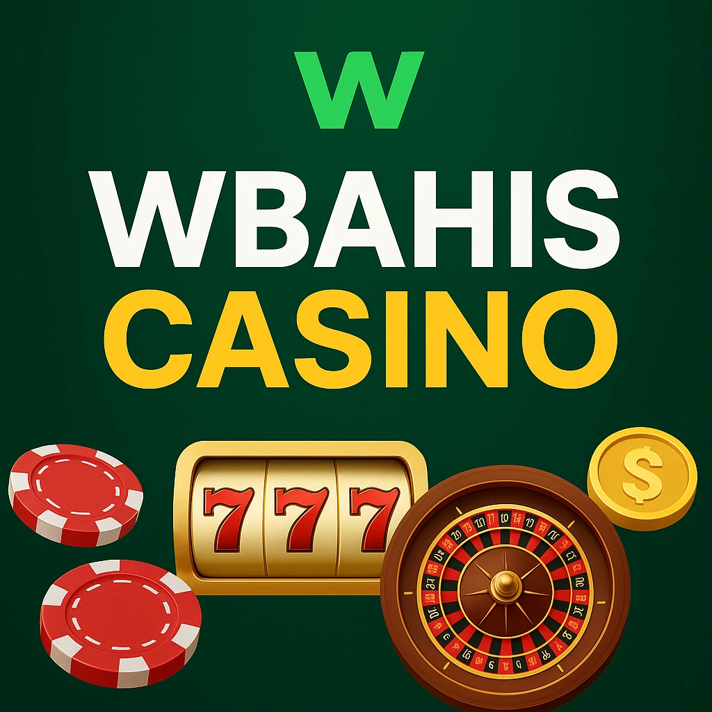 Kalın harflerle WBahis Casino, üzerinde yeşil bir W, poker fişleriyle çevrili, 777'li bir slot makinesi, rulet çarkı ve koyu yeşil arka plan üzerinde altın bir madeni para içeren casino temalı bir grafik. WBahis Casino'yu tanıtmak için mükemmel.